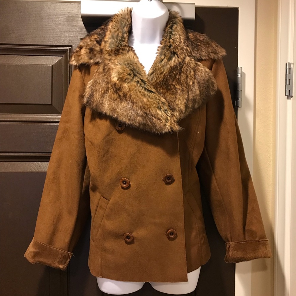 Chico’s ultra suede with faux fur collar.